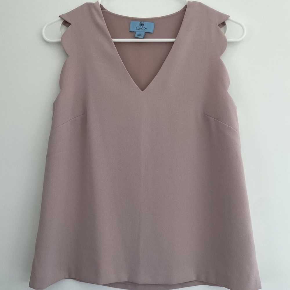 CeCe Light Pink V-Neck Scalloped Tank Top Blouse XXS